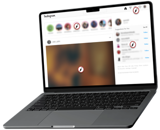 A laptop with Instagram open and Antigram blocking some of the sections of the screen.